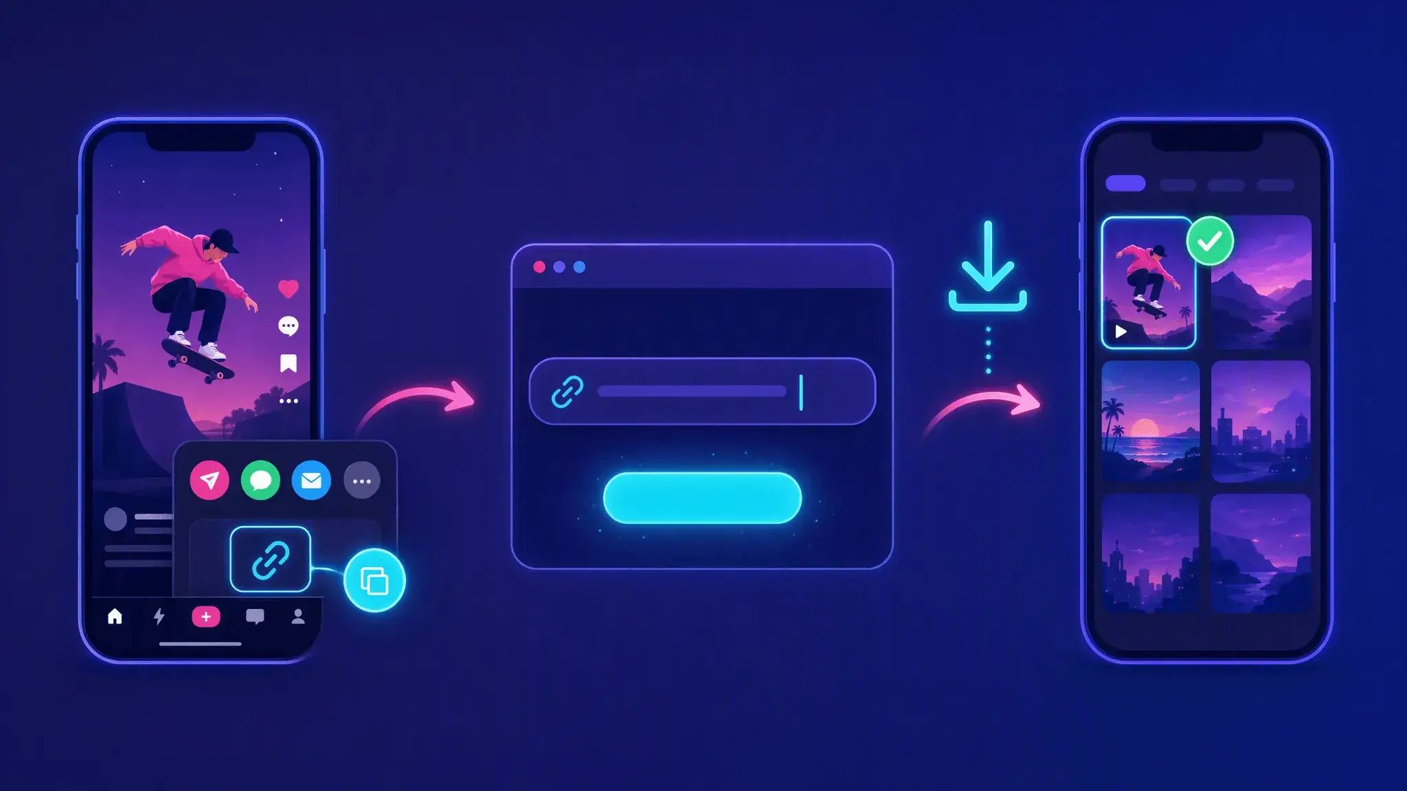 Three steps to download a TikTok video: copy the link, paste it into FastTik and save the video to your phone