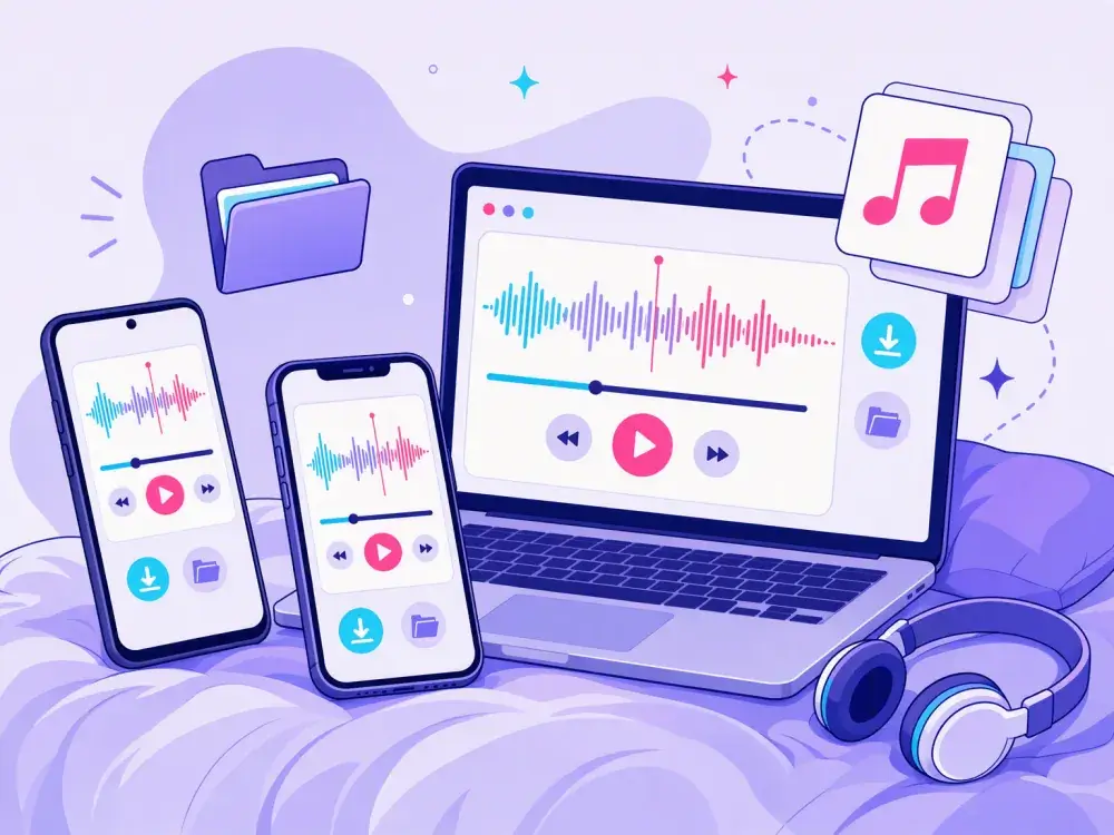 A laptop, phones and a tablet saving TikTok MP3 files into one folder