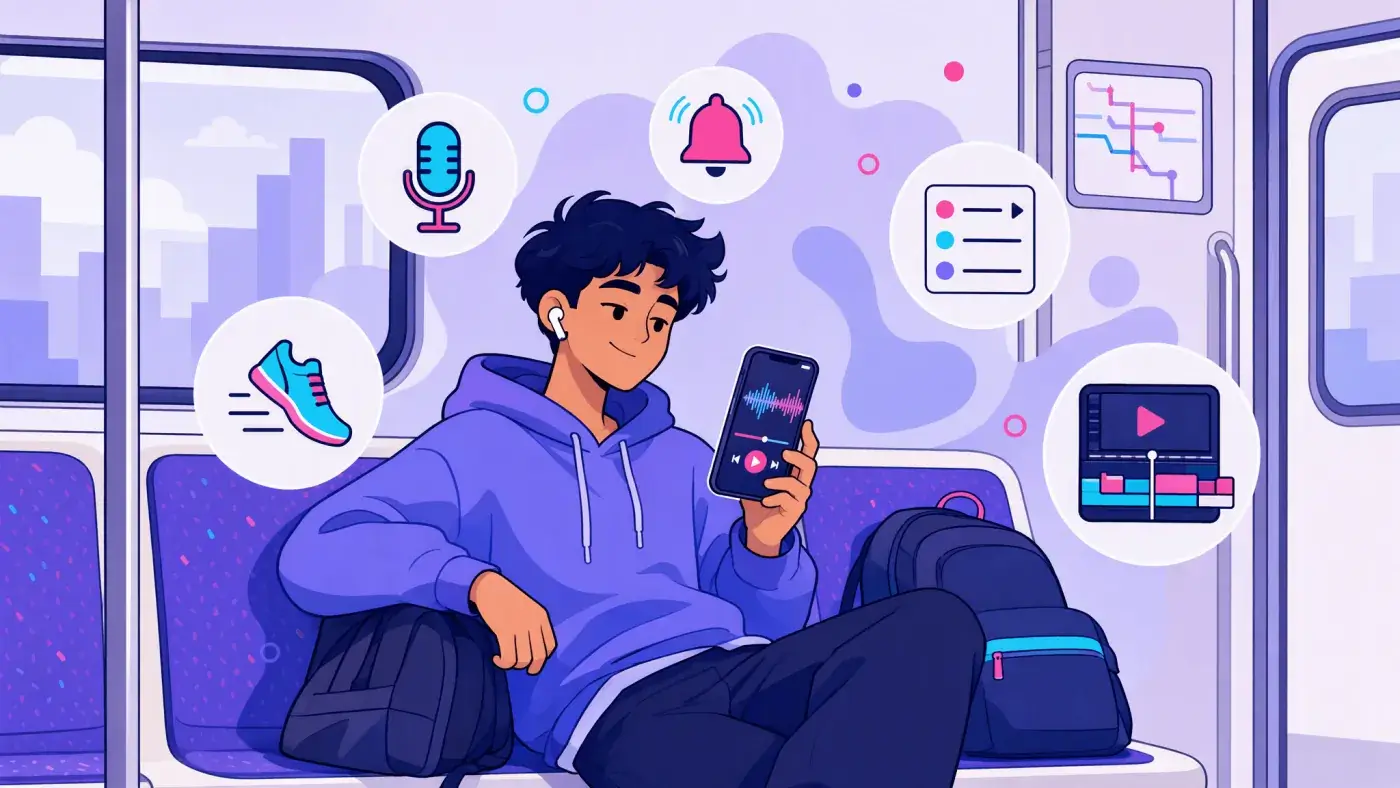 A commuter with earbuds listening to TikTok sounds saved as MP3 files