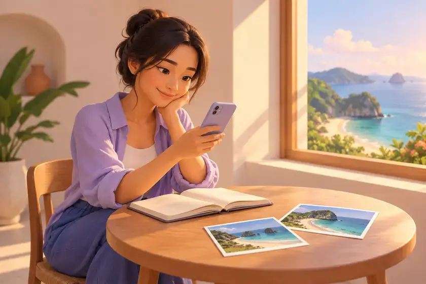 Telefon, defter ve plaj fotoğraflarıyla kıyı gezisi planlayan bir gezginin illüstrasyonu