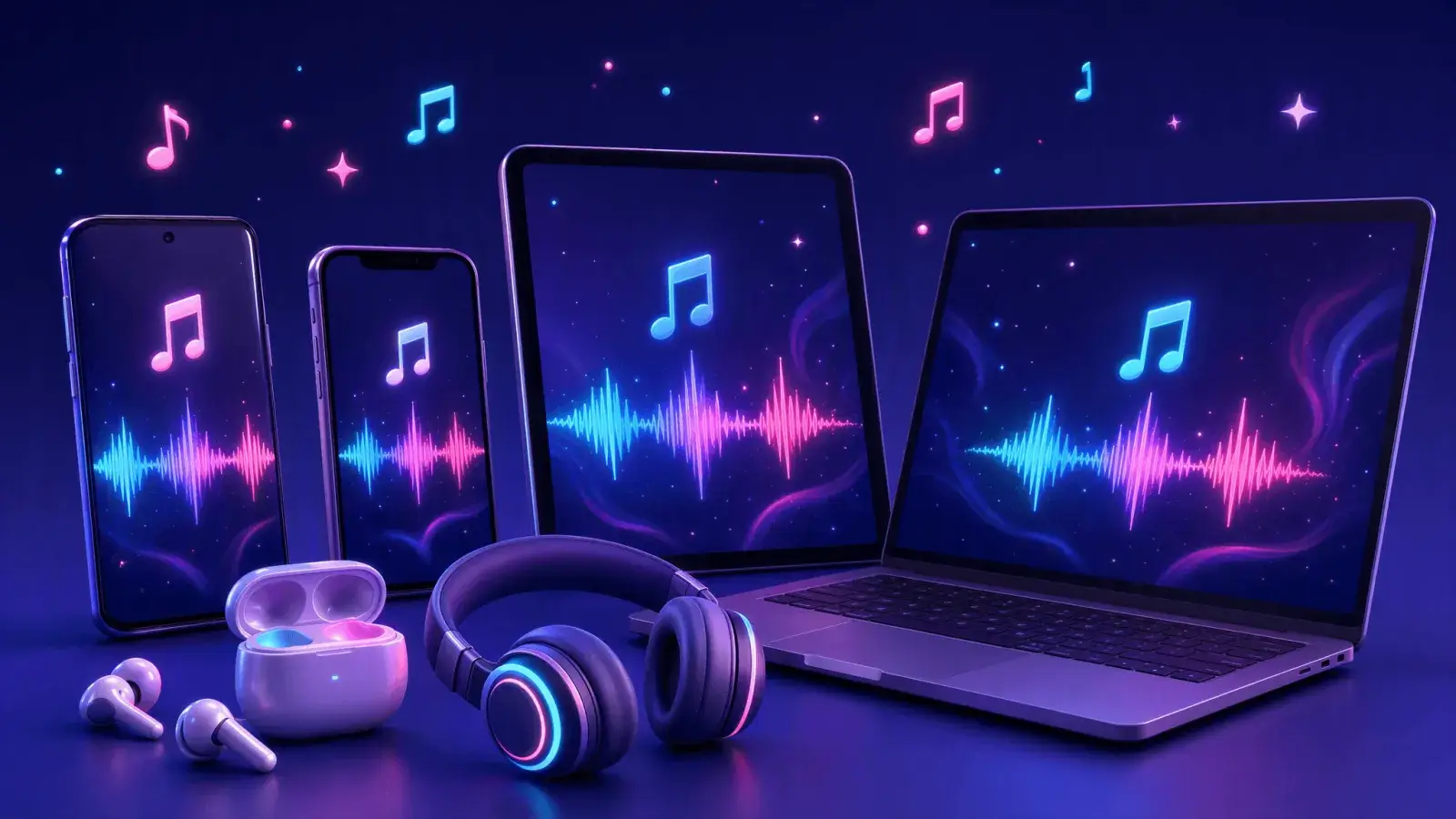 Android phone, iPhone, tablet and laptop playing downloaded TikTok songs, with earbuds and headphones