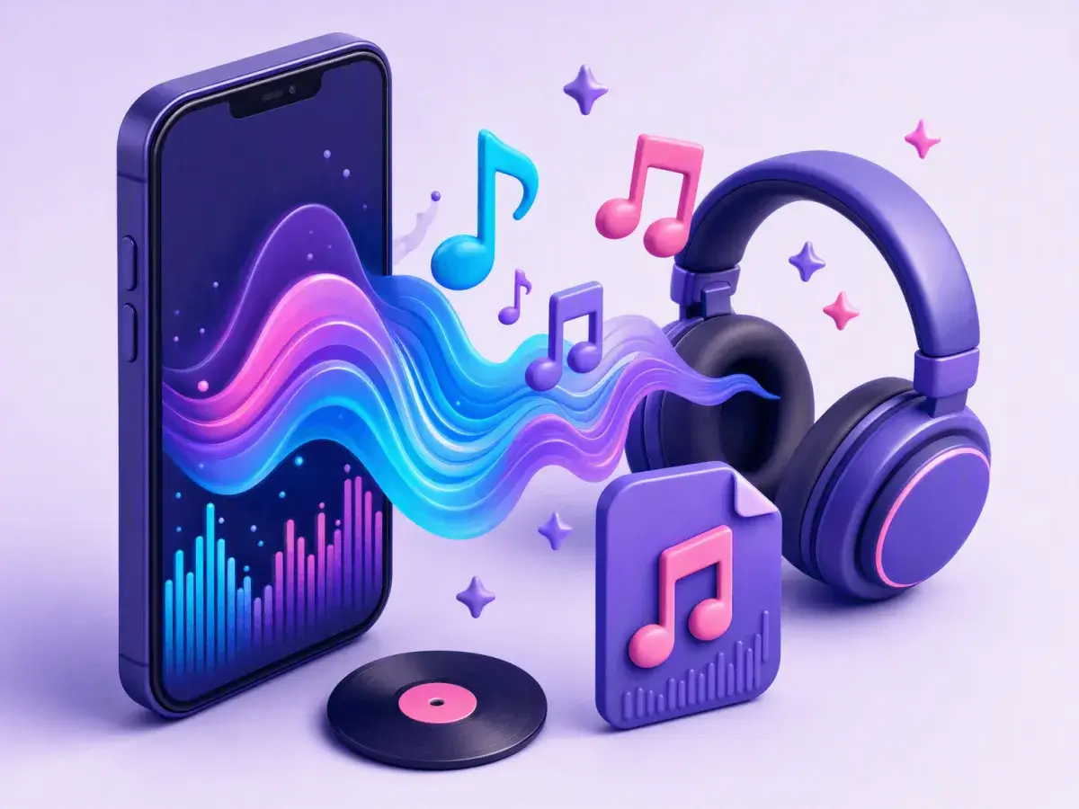 A smartphone playing TikTok music as sound waves flow into headphones and an MP3 audio file