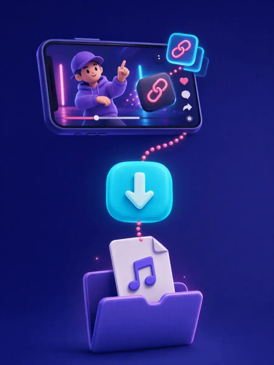 Steps to download TikTok audio: copy the video link, tap download and save the MP3 file to a folder