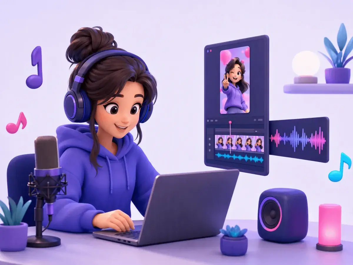 A creator wearing headphones edits a short video with a TikTok sound on a laptop